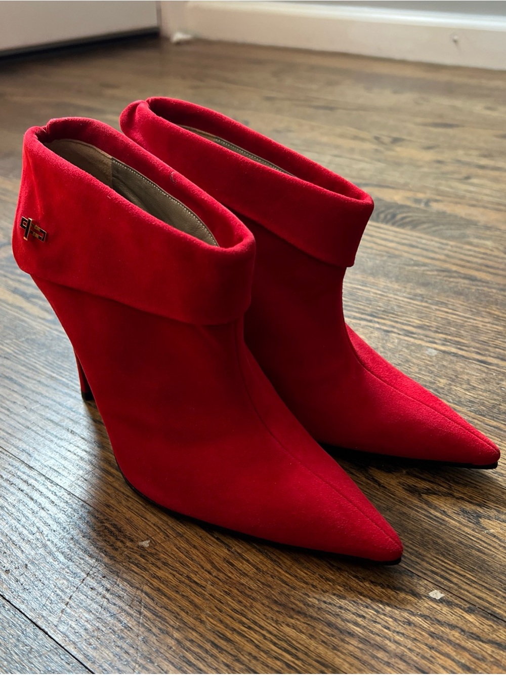 Vtg 80s Charles Jourdan Paris Red Fold-Over Pointed-Toe Women's Ankle Boots
